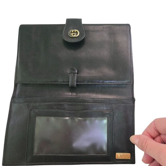 Gucci Vintage Black Coated Long Wallet Logo Kisslock Snap Trifold 035-001-0264 - Picture 8 of 10